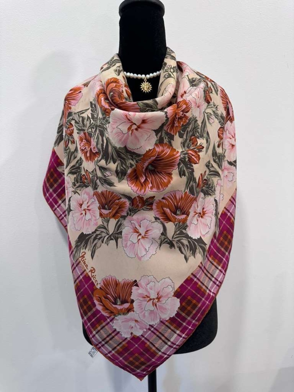 Nina Ricci Silk Scarf Red Floral Hand Rolled Made in Italy